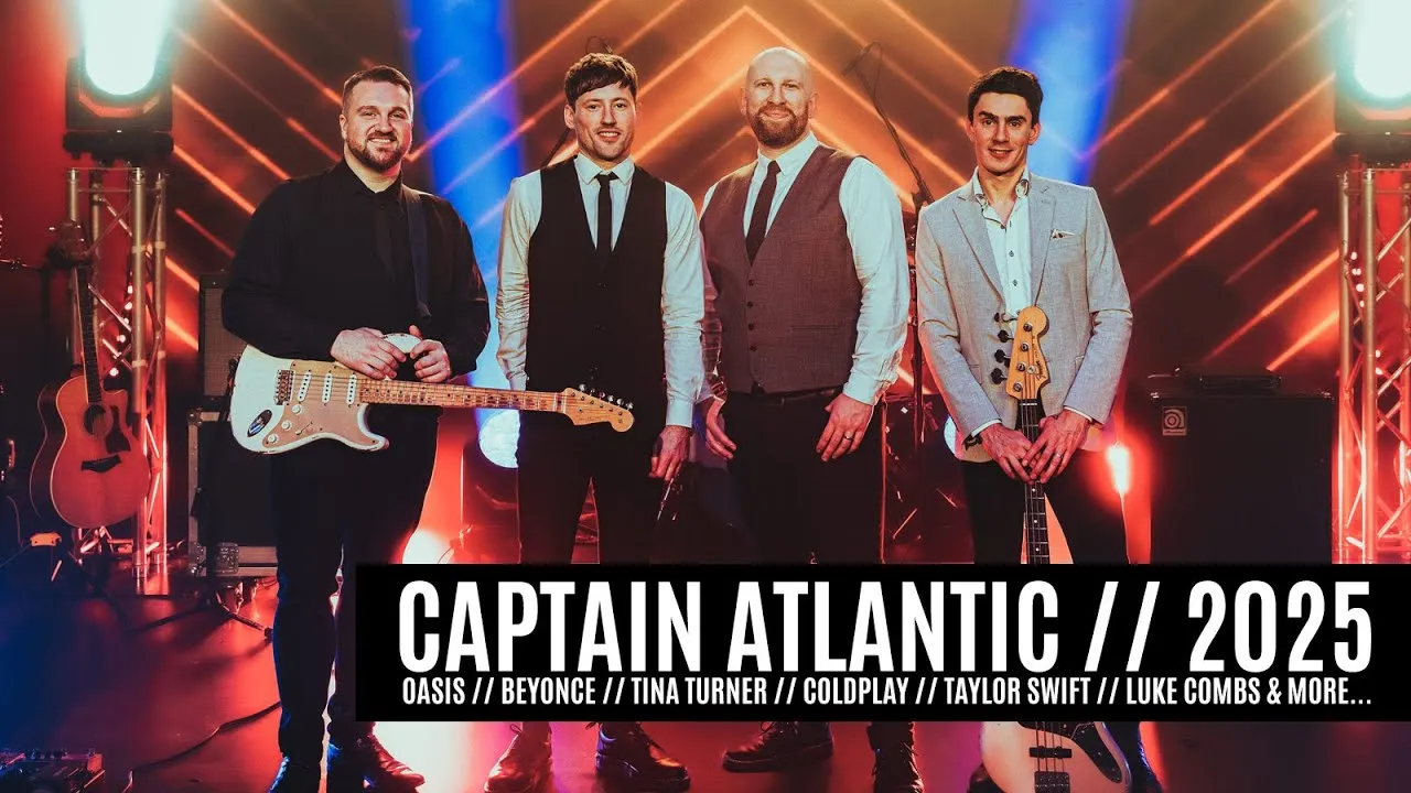 Four male musicians posing with guitars on a stage with colorful lighting and text reading Captain Atlantic 2025 with artists' names listed below.