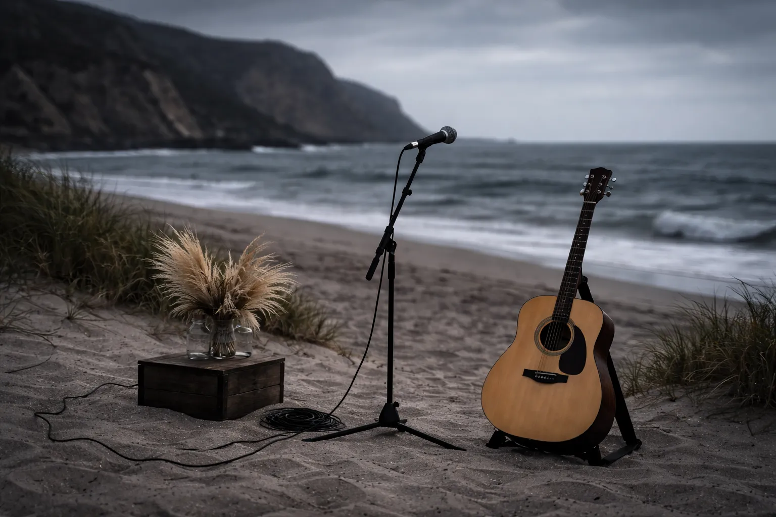Acoustic guitar on a stand and a microphone on a stand on a sandy beach with grassy dunes and rocky cliffs in the background under a cloudy sky.