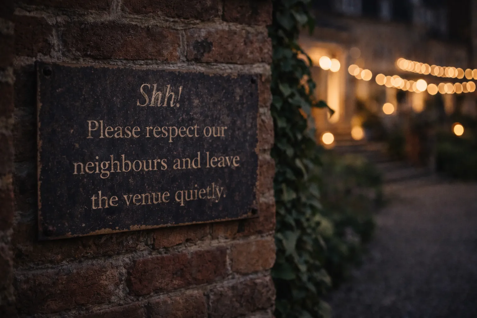 Rustic sign on brick wall reading 'Shh! Please respect our neighbours and leave the venue quietly' with blurred string lights and ivy in the background.